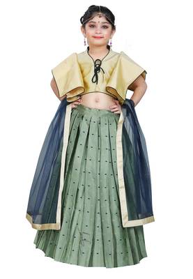 Kids Designer Cream Blouse And Pista Lehenga Choli For Girls  1