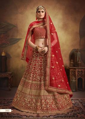 Red thread embroidery velvet semi stitched lehenga 1