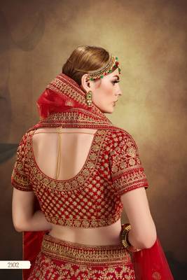 Red thread embroidery velvet semi stitched lehenga 2