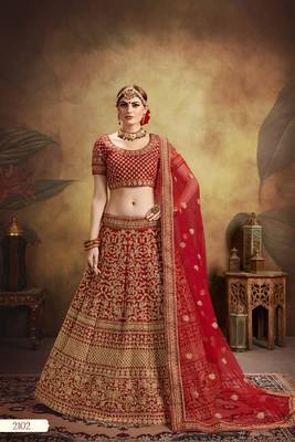 Red thread embroidery velvet semi stitched lehenga 3
