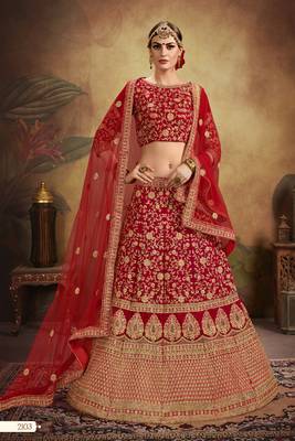 Red thread embroidery velvet semi stitched lehenga 1
