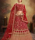 Red thread embroidery velvet semi stitched lehenga