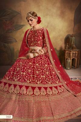 Red thread embroidery velvet semi stitched lehenga 2