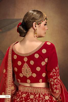 Red thread embroidery velvet semi stitched lehenga 3