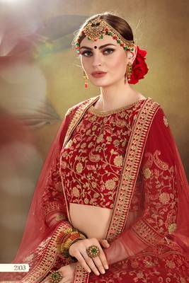 Red thread embroidery velvet semi stitched lehenga 4