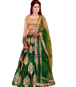 Green thread embroidery silk semi stitched lehenga