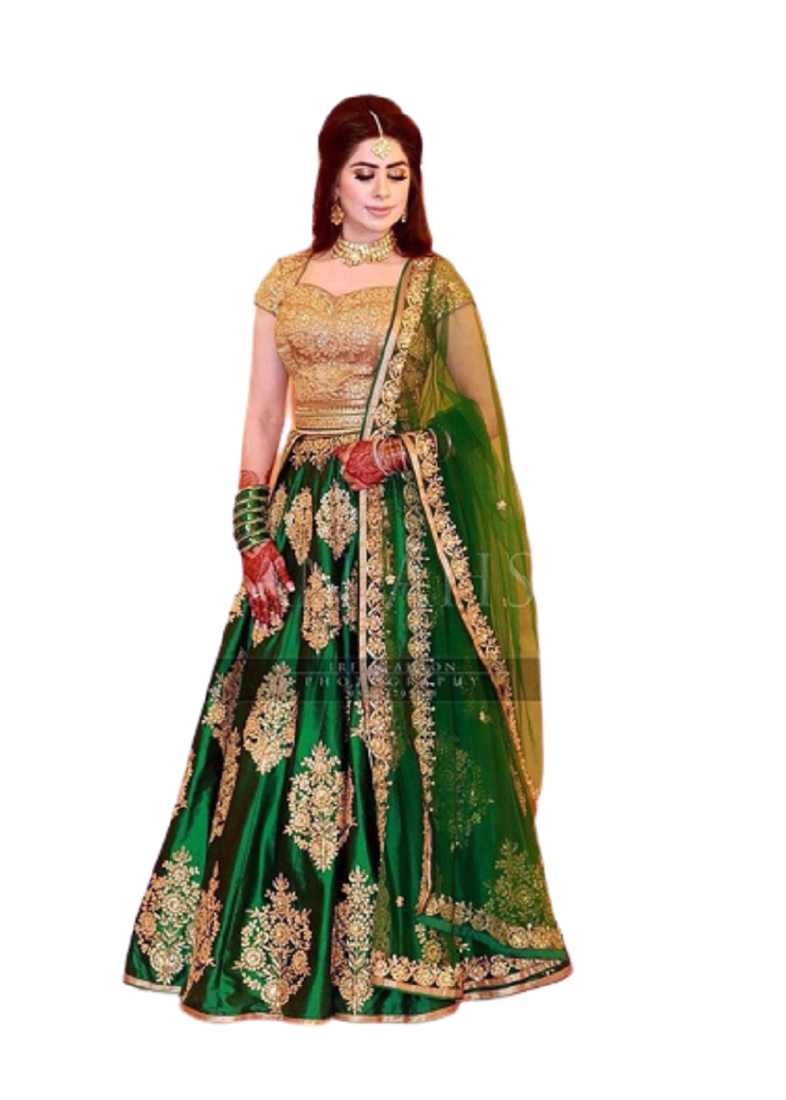 Green thread embroidery silk semi stitched lehenga