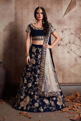 Navy blue embroidered velvet semi stitched lehenga 1