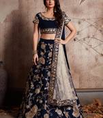 Navy blue embroidered velvet semi stitched lehenga