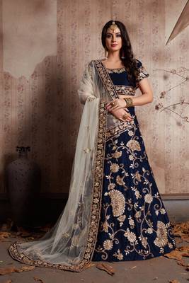 Navy blue embroidered velvet semi stitched lehenga 2
