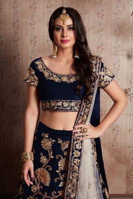 Navy blue embroidered velvet semi stitched lehenga 3