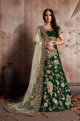 Green embroidered velvet semi stitched lehenga 2