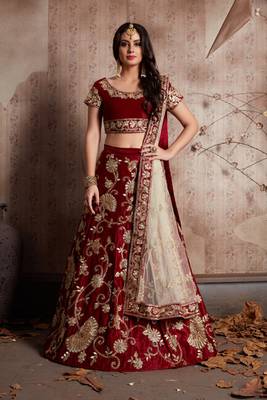 Maroon embroidered velvet semi stitched lehenga 1