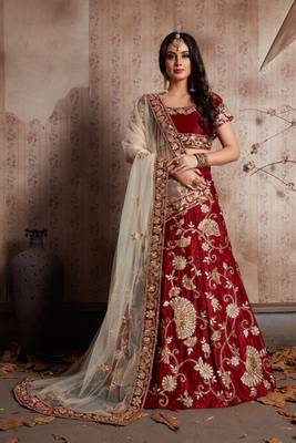Maroon embroidered velvet semi stitched lehenga 3