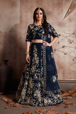 Navy blue embroidered velvet semi stitched lehenga 1