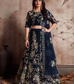Navy blue embroidered velvet semi stitched lehenga