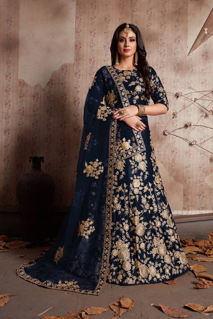 Navy blue embroidered velvet semi stitched lehenga