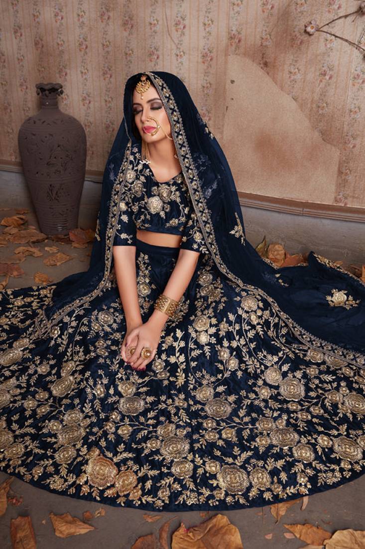 Navy blue embroidered velvet semi stitched lehenga