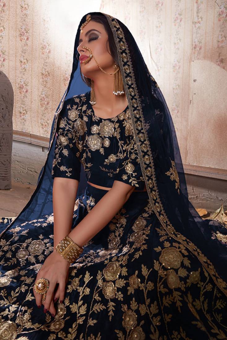 Navy blue embroidered velvet semi stitched lehenga