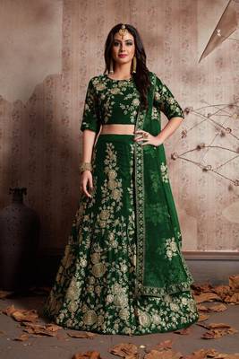Green embroidered velvet semi stitched lehenga 1