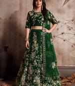 Green embroidered velvet semi stitched lehenga