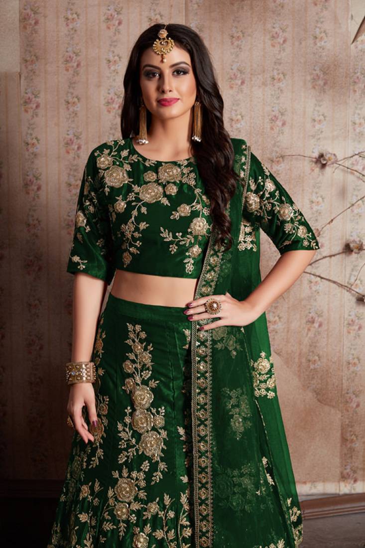 Green embroidered velvet semi stitched lehenga