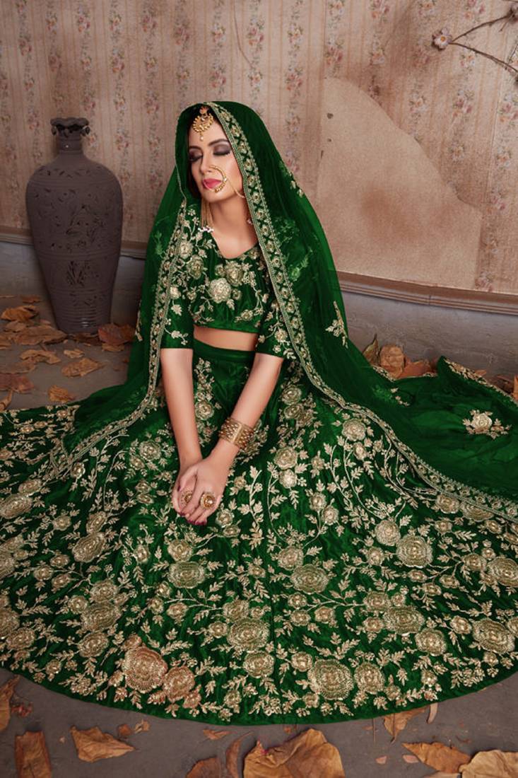 Green embroidered velvet semi stitched lehenga