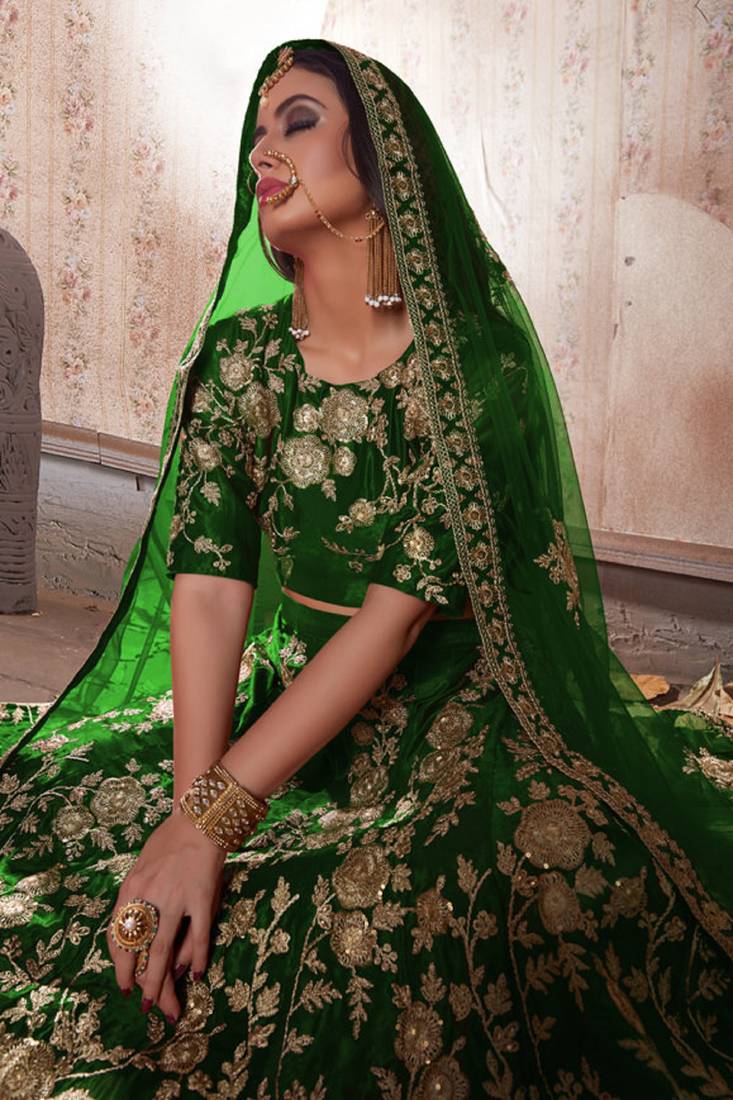 Green embroidered velvet semi stitched lehenga