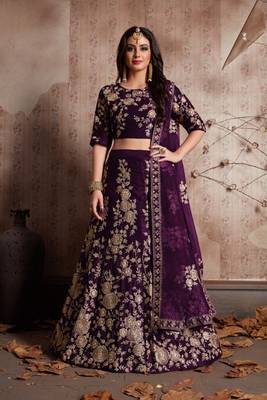 Purple embroidered velvet semi stitched lehenga 1