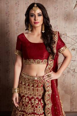 Maroon embroidered velvet semi stitched lehenga 3