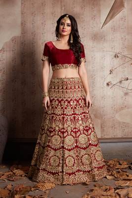 Maroon embroidered velvet semi stitched lehenga 4