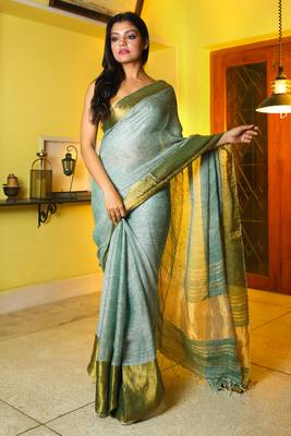 Light green plain linen saree with blouse 1