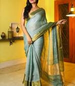 Light green plain linen saree with blouse