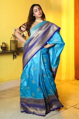 Cyan woven manipuri silk saree with blouse 1