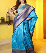 Cyan woven manipuri silk saree with blouse