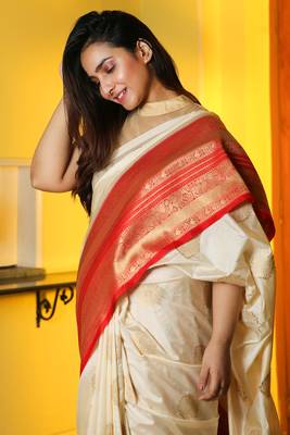 Off white woven manipuri silk saree with blouse 3
