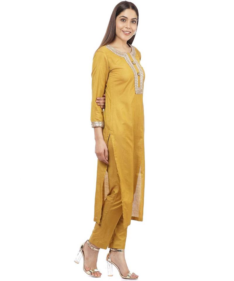 Mustard Gota Silk Kurti with Pants