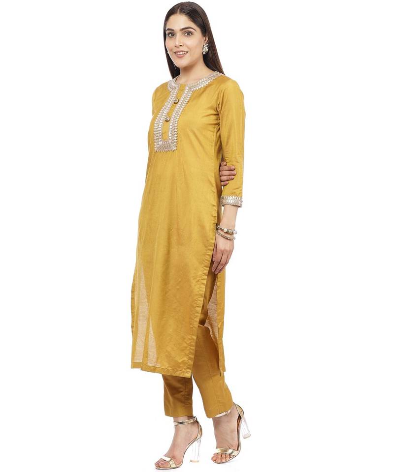Mustard Gota Silk Kurti with Pants