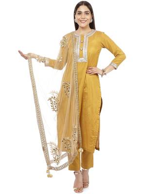 Mustard Gota Silk Kurti with Pants and Gold Paisley Dupatta 1