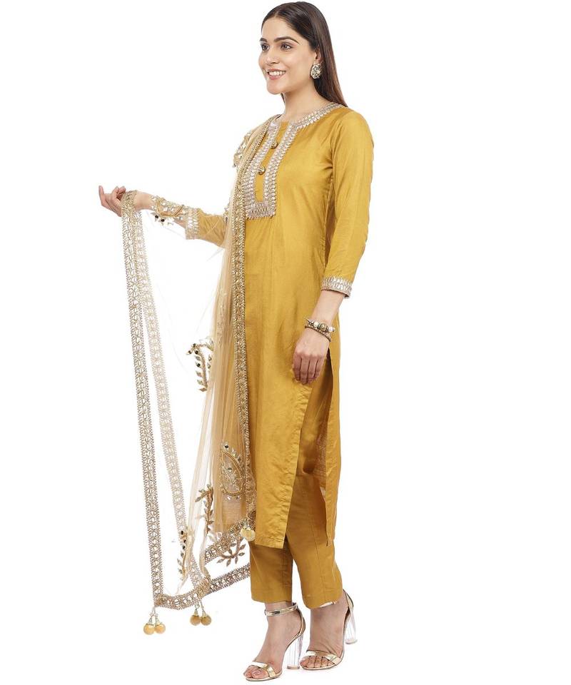 Mustard Gota Silk Kurti with Pants and Gold Paisley Dupatta