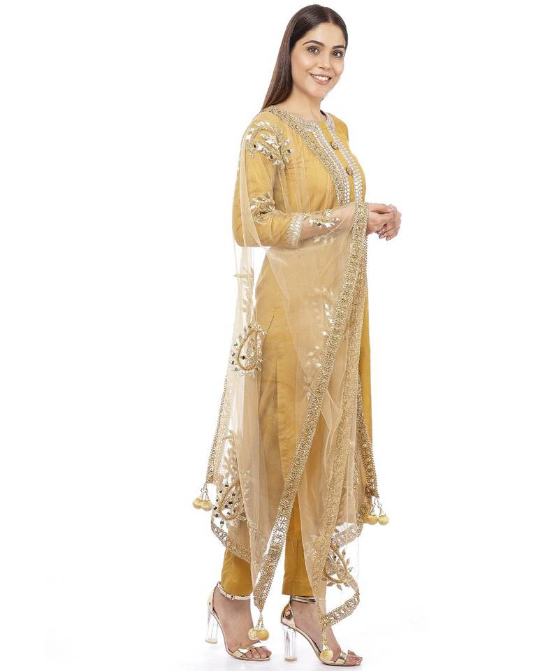 Mustard Gota Silk Kurti with Pants and Gold Paisley Dupatta