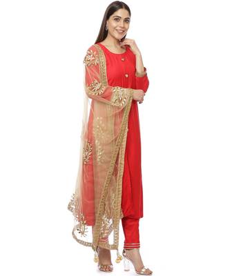 Red Button Down Kurti with Pants and Gold Paisley Dupatta 1