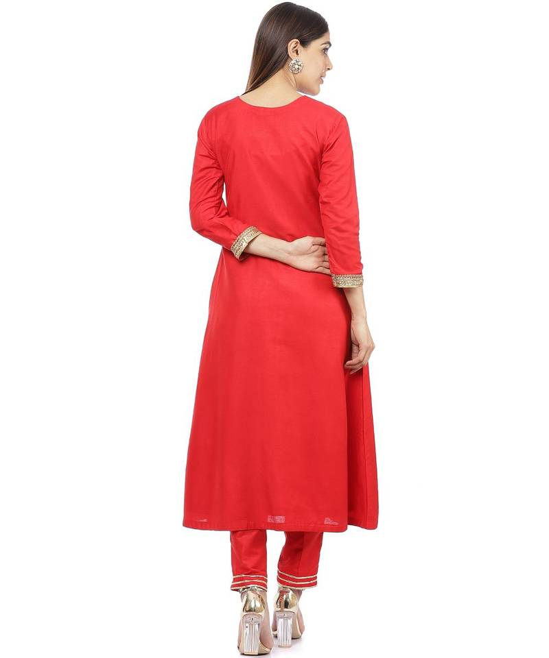 Red Button Down Kurti with Pants and Gold Paisley Dupatta