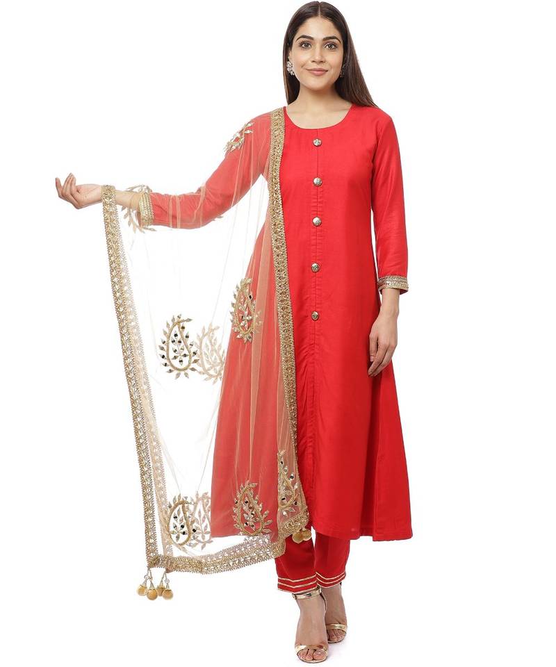 Red Button Down Kurti with Pants and Gold Paisley Dupatta