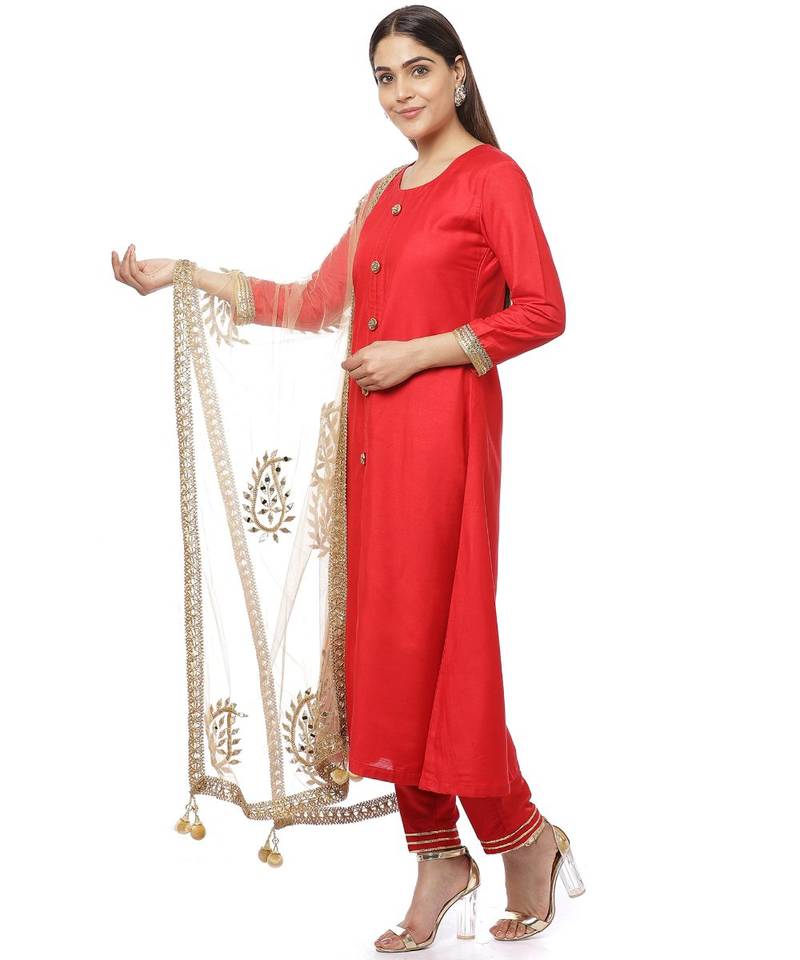 Red Button Down Kurti with Pants and Gold Paisley Dupatta