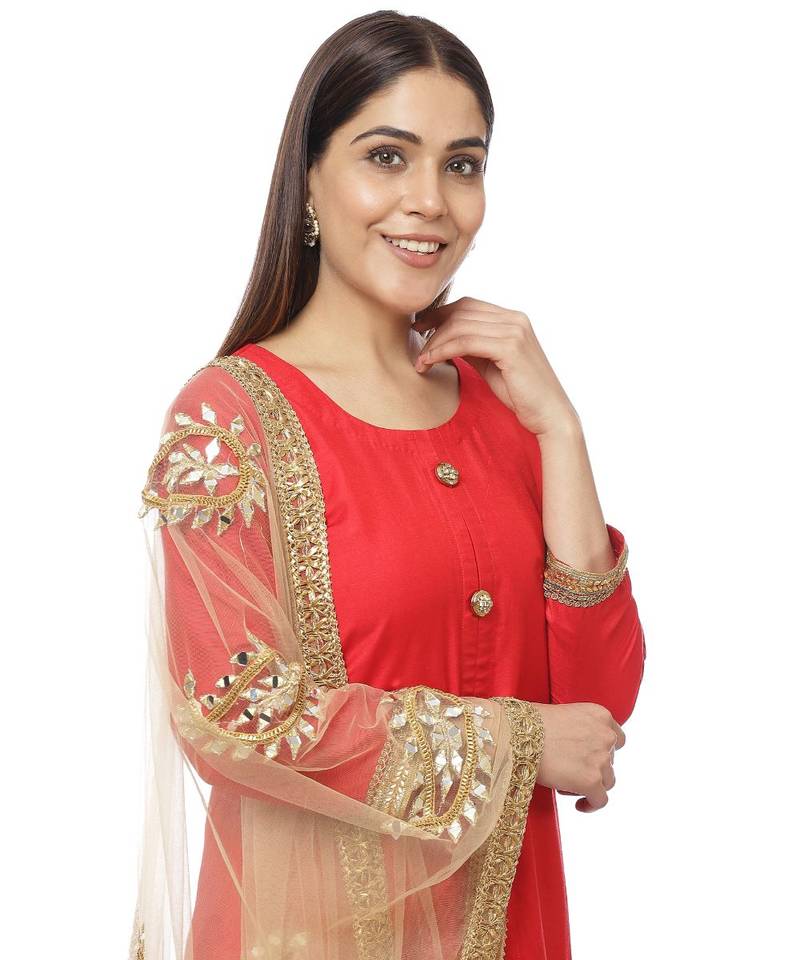 Red Button Down Kurti with Pants and Gold Paisley Dupatta