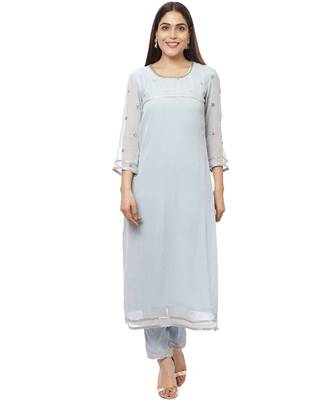 Grey Sequined Sleeves Kurti with Pants 1