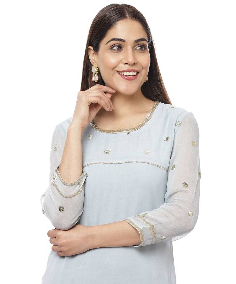 Grey Sequined Sleeves Kurti with Pants