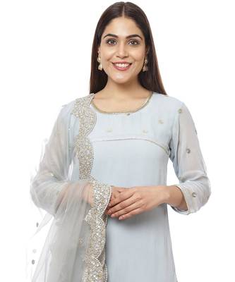 Grey Sequined Sleeves Kurti with Pants and Embroidered Scalloped Dupatta 1
