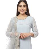 Grey Sequined Sleeves Kurti with Pants and Embroidered Scalloped Dupatta